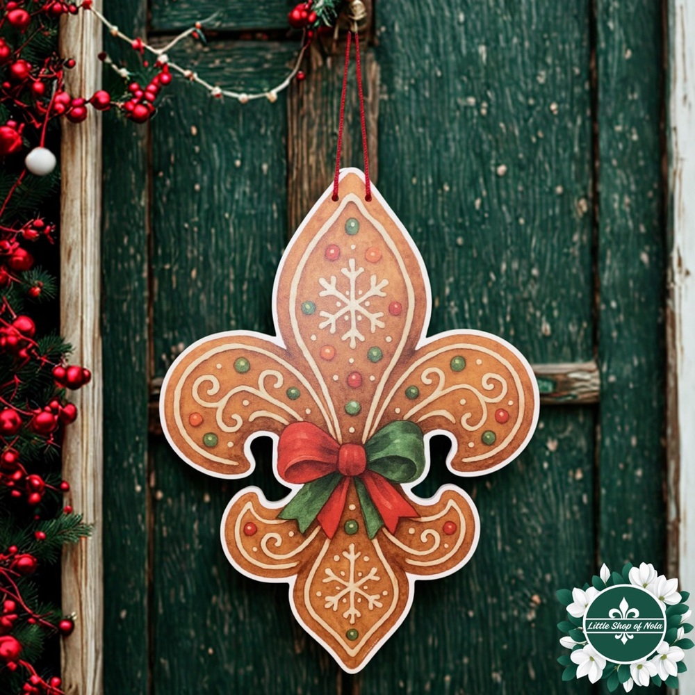 Gingerbread Fleur de Lis Bow Door Hanger New Orleans Holiday Art Christmas Decor